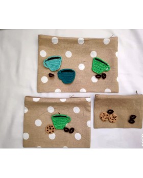 Happy Threads Cotton Storage Pouch with Hand Made Crochet Tea Cups (Beige) Comes in Set of 3